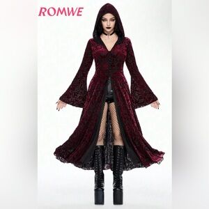 🆕 Gothic Velvet Long Red Black Burnt Velvet Coat (DC’d Rare Find)